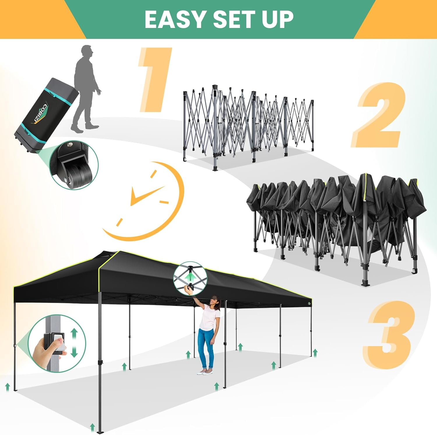 COBIZI - Tienda de campaña desplegable de 10 x 20 Pulgadas, Tienda de campaña instantánea Comercial para Bodas, Fiestas con 3 Altura Ajustable, toldo Ez Up para Exteriores, Impermeable, UPF50+ con