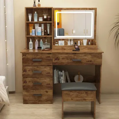 Tocador,Tocador de Maquillaje con Luces de Espejo, Vanity Tocador con 5 Cajones,Estantes de Almacenamiento,Taburete Acolchado, Tocador con 3 Estantes, Mesa de Maquillaje para Dormitorio Blanco