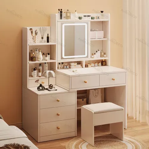 Tocador De Dormitorio Con Sillas Y Espejo De Led Y 6 Cajones 100*40*145 Cm Tocadores De Madera Con Luces Ambueco