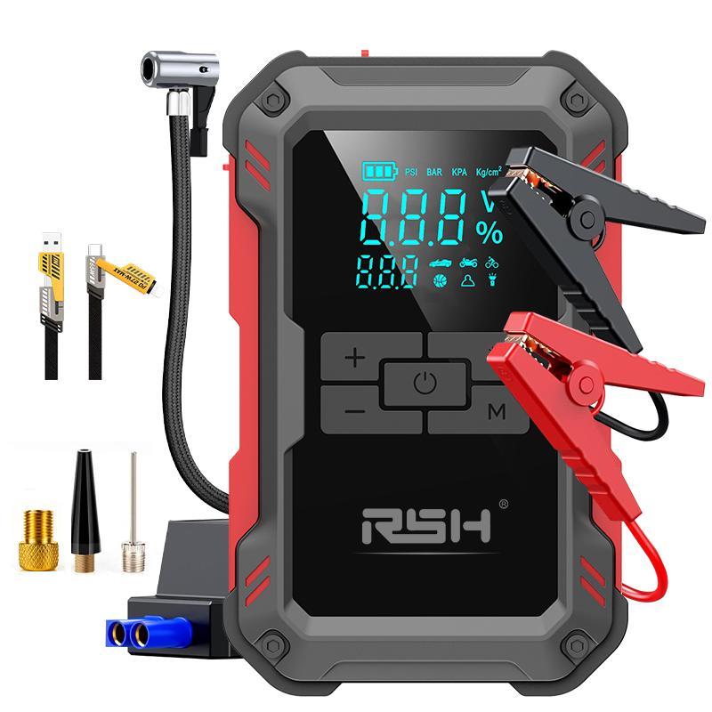 Arrancador de batería ultraseguro de 15000 mAh: Arranca vehículos con batería de 12 V. Incluye compresor de aire de 150 PSI, carga rápida de 45 W, medidor de presión de neumáticos y luz LED. Incluye cables de arranque, manguera de aire, bolsa de almacenam