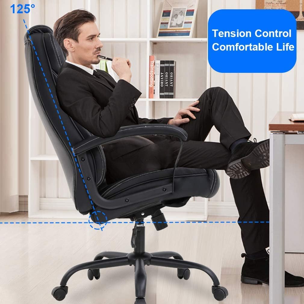 Silla de oficina grande y alta de 500 libras de asiento ancho, silla de computadora ergonómica con brazos de apoyo lumbar, respaldo alto, silla de computadora ejecutiva de piel sintético, para