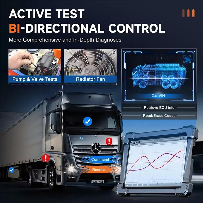 10'' Heavy Duty Truck Scanner Bidirectional Diesel Tool with DPF, ECU Coding, 40+ Resets for Cummins, Detroit, Caterpillar, Volvo, Paccar