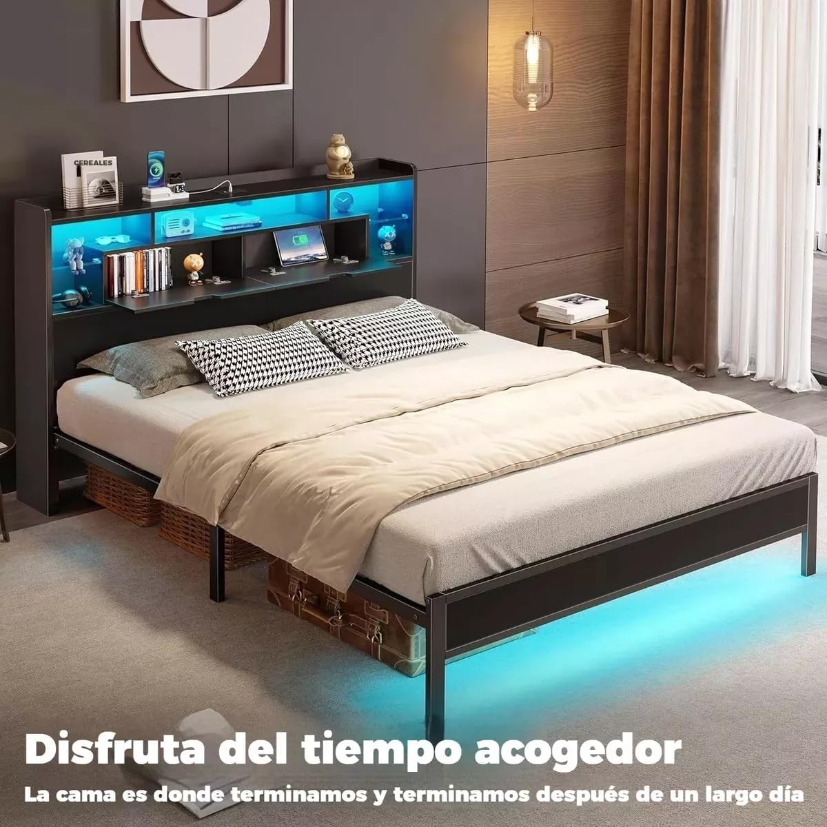 MAMALAND Base de Cama de tamaño matrimonial con estación de Carga, Marco de Cama LED con cabecera de Almacenamiento (Full)