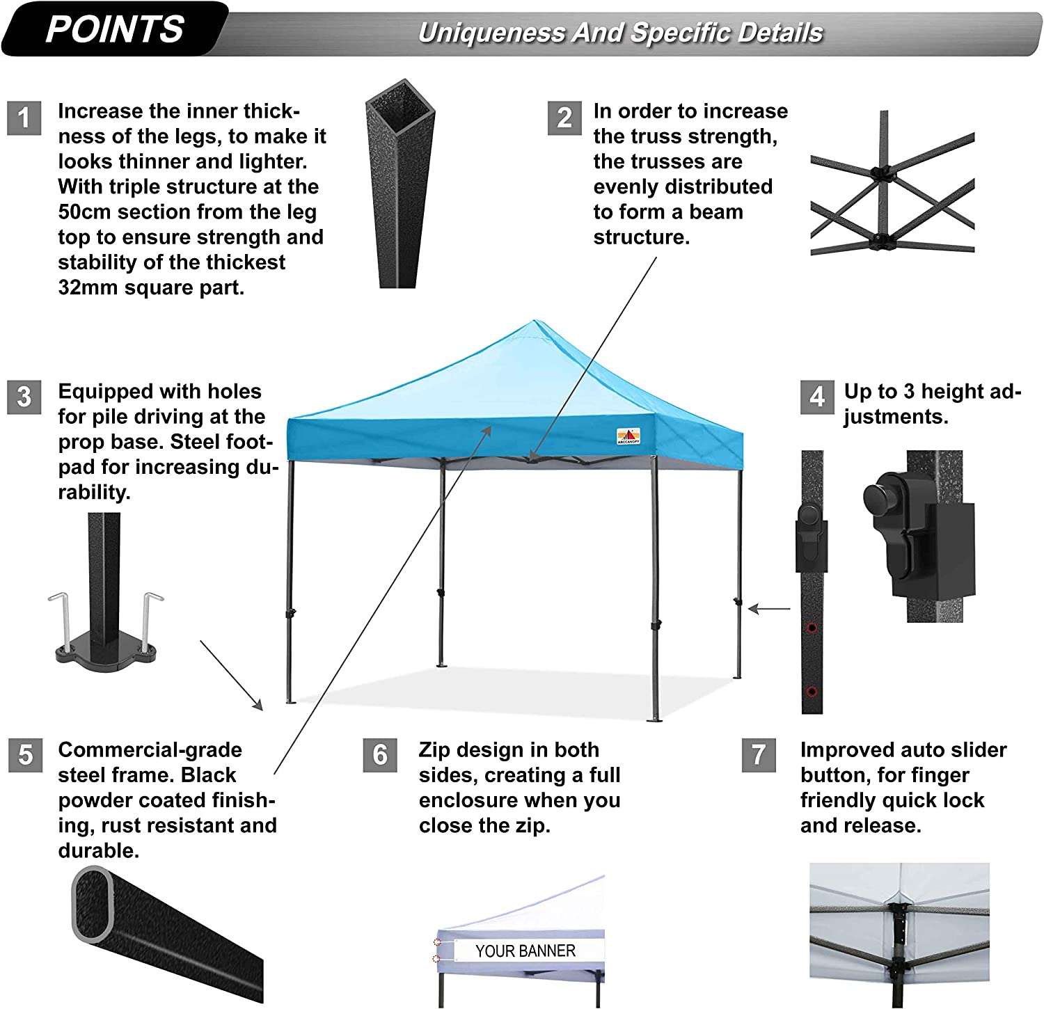 ABCCANOPY Kingkong-Series - Juego de Dosel instantáneo Comercial de 10 x 10 pies (Incluye Bolsa de Transporte de 30 Colores), Azul (Sky Blue)