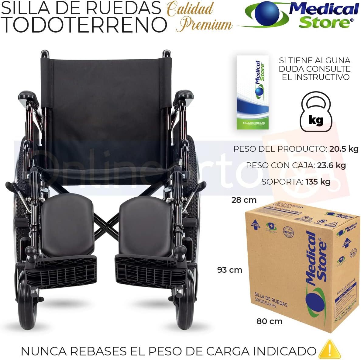 Medical Store Silla de Ruedas TODO TERRENO de Lujo, Modelo 101, Acero Resistente, Con Eleva piernas Desmontables y Descansabrazos Abatibles Color Rojo.…