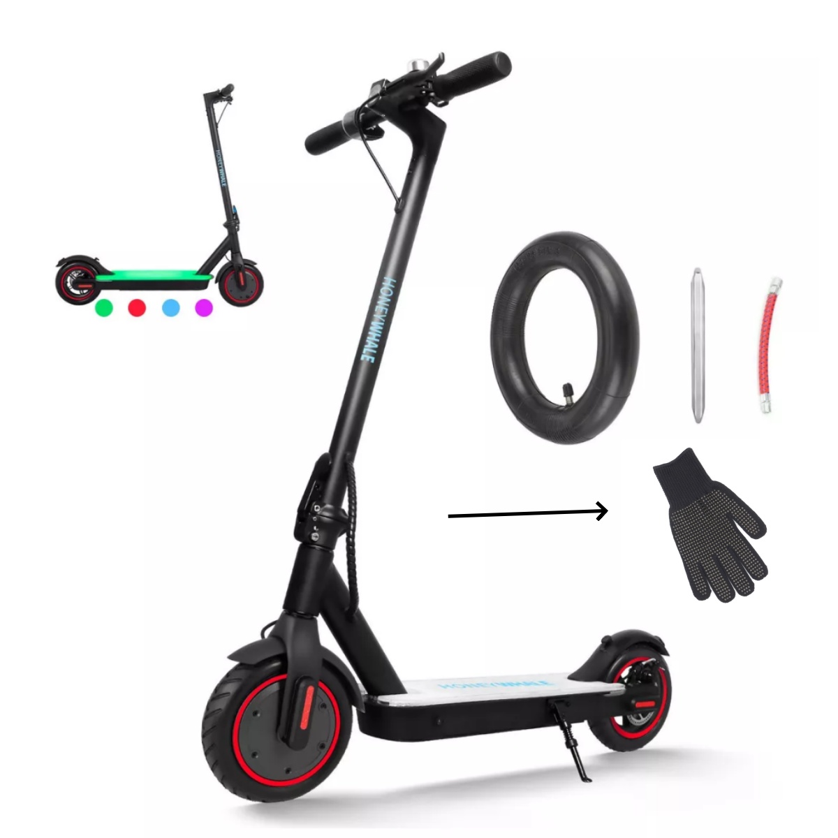 Scooter Eléctrico Patín Plegable Para Adultos S2-V2 Honey Whale Patin Electrico Con Motor Sin Escobillas Potencia Máxima 500w, Velocidad Máxima De 30km/h Con Luz Led En 4 Colores-Guantes