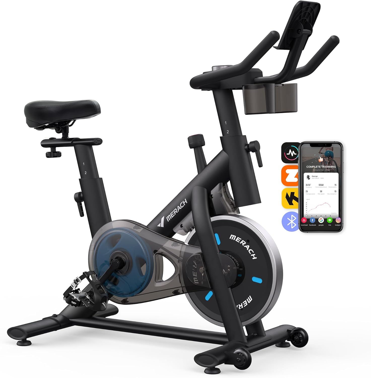 MERACH - Bicicleta de ejercicio, almohadilla de freno/bicicleta estática magnética con aplicación exclusiva, bicicleta de ciclismo interior de bajo ruido con capacidad de peso de 270 libras, estante