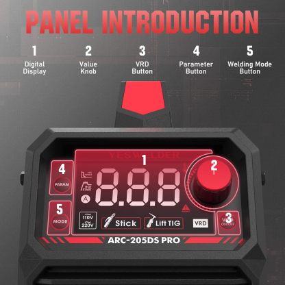 YESWELDER Soldador de barra de 205 amperios con visualización LED grande, máquina de soldadura IGBT, máquina de soldadura de arco MMA portátil de 110 V/220 V de doble voltaje