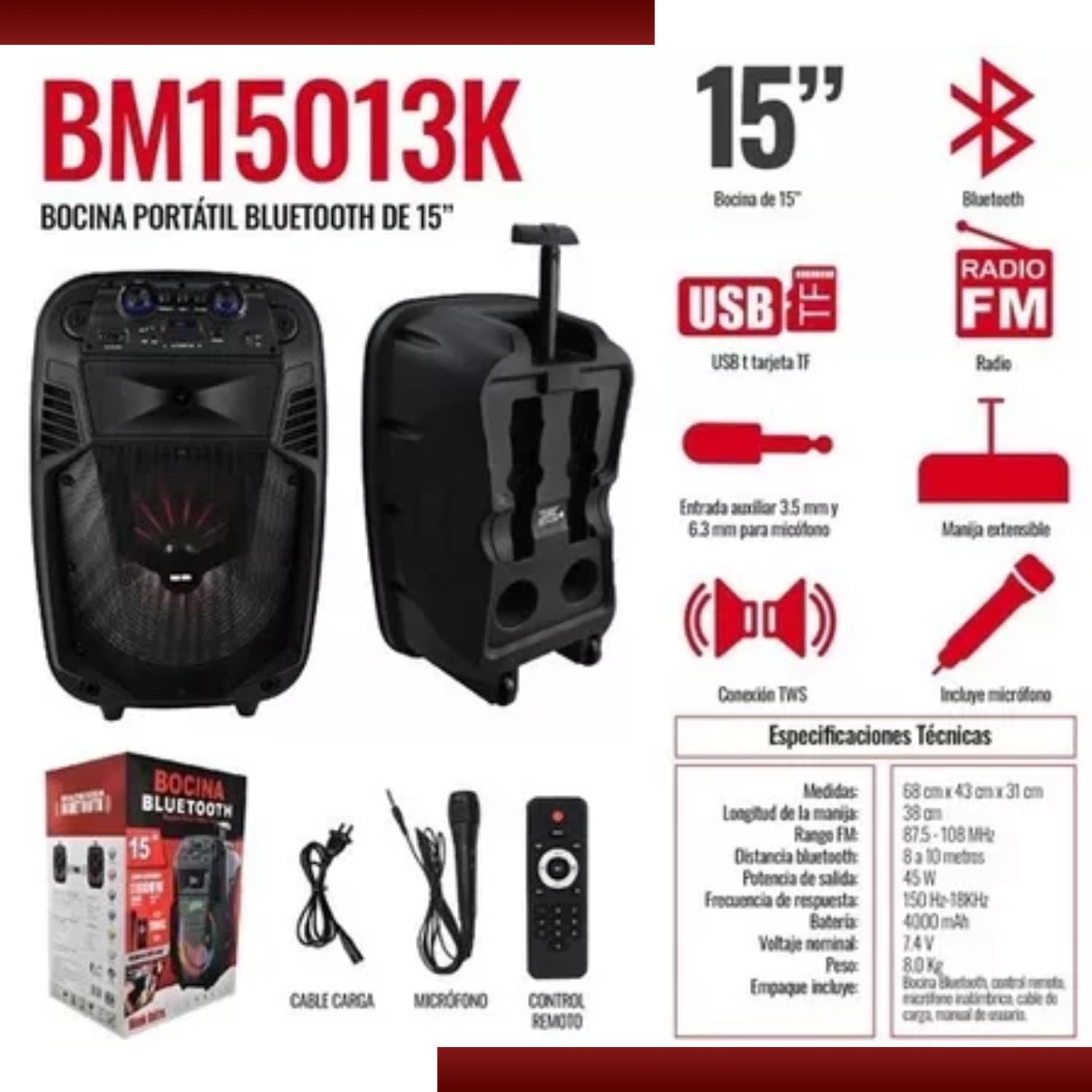 LINK BITS BM15013K Bocina Bluetooth Grande 15 Pulgadas, Recargable Altavoces Speaker Control y micrófono, bafle Super Buffer Karaoke para Fiesta con Luz Led