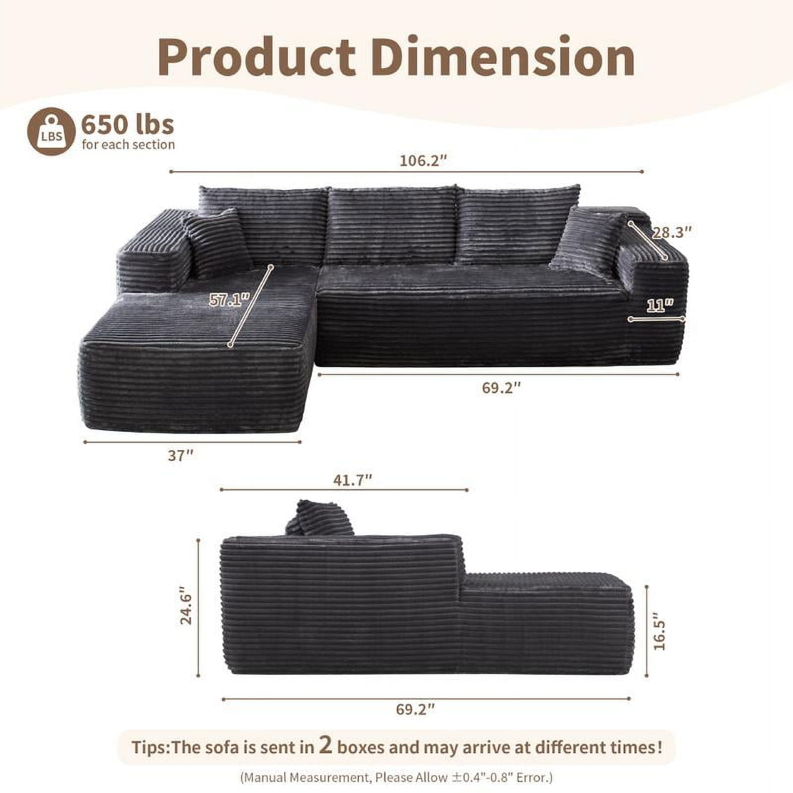 【2 Packages Shipping】Ovios 104" Plush Corduroy Cloud Velvet Modular Couch with Chaise, No Assembly Required - L-Shaped Sectional Sofa Set with Flexible Configuration - 104"W x 67.7"D x 30"H, 3 Seater