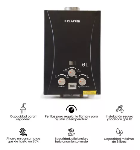 Calentador De Paso Instantáneo 6l Agua A Gas Glp Eliminador Color Negro