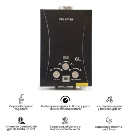 Calentador De Paso Instantáneo 6l Agua A Gas Glp Eliminador Color Negro