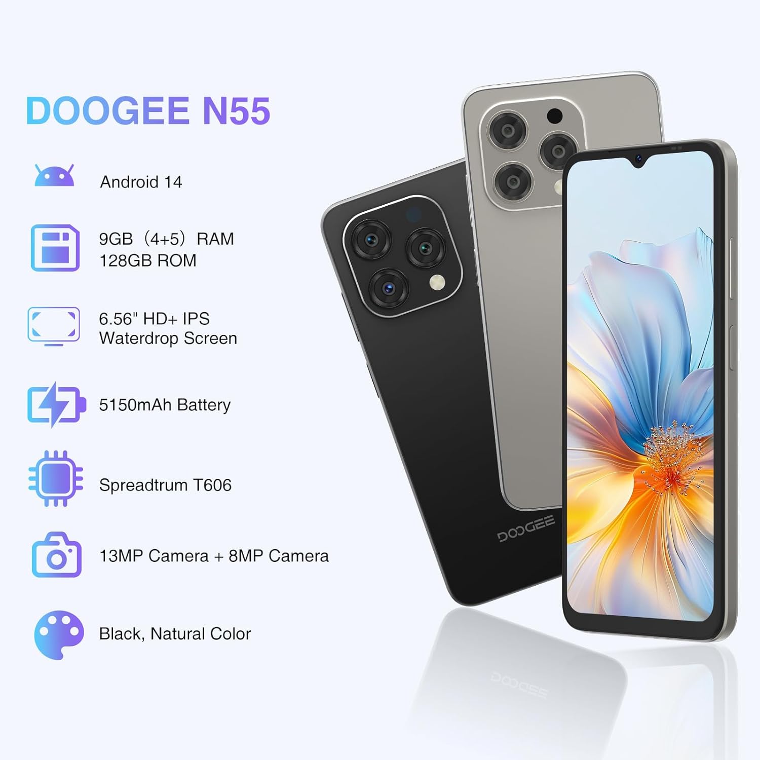 DOOGEE N55 Android 14 Teléfono móvil,9GB+128GB Expandible 1TB Teléfono Android,6.56" HD+ 90Hz Teléfono móvil Desbloqueado,5150mAh Batería,13MP+8MP,Dual SIM 4G Teléfono,Face Unlock,OTG/T-Mobile