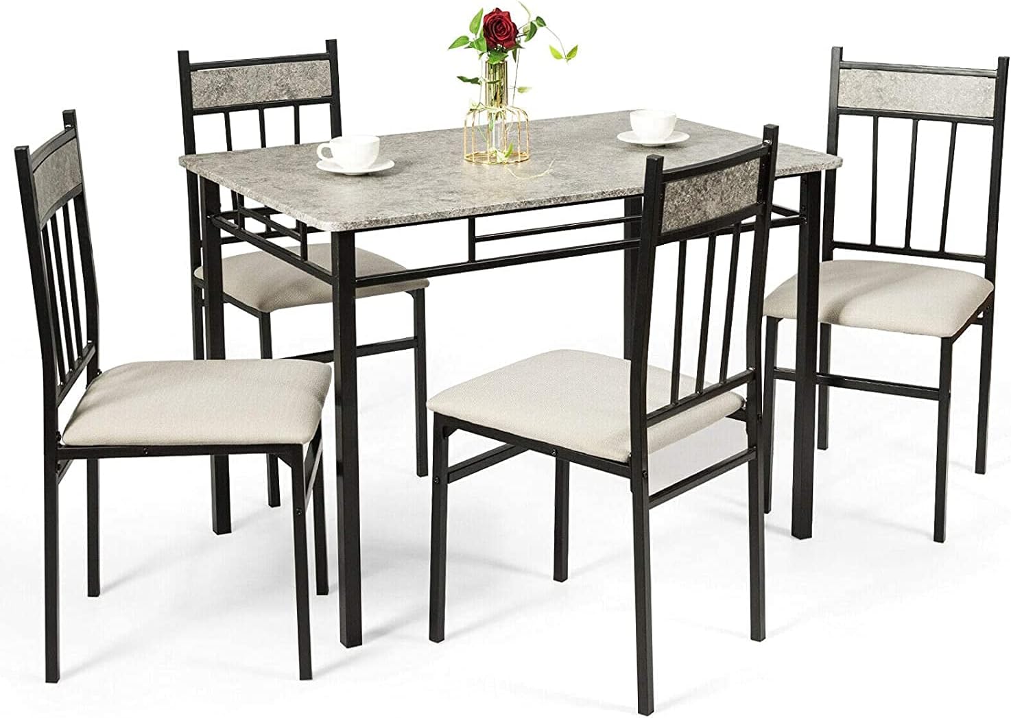 Juego de mesa de comedor de cocina de 5 piezas Tangkula, juego de mesa y sillas modernas que incluye 1 mesa rectangular y cuatro sillas de respaldo alto, marco de metal y asiento acolchado, tablero de mesa de mármol sintético (gris)