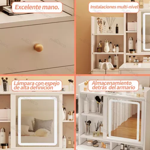 Tocador De Dormitorio Con Sillas Y Espejo De Led Y 6 Cajones 100*40*145 Cm Tocadores De Madera Con Luces Ambueco