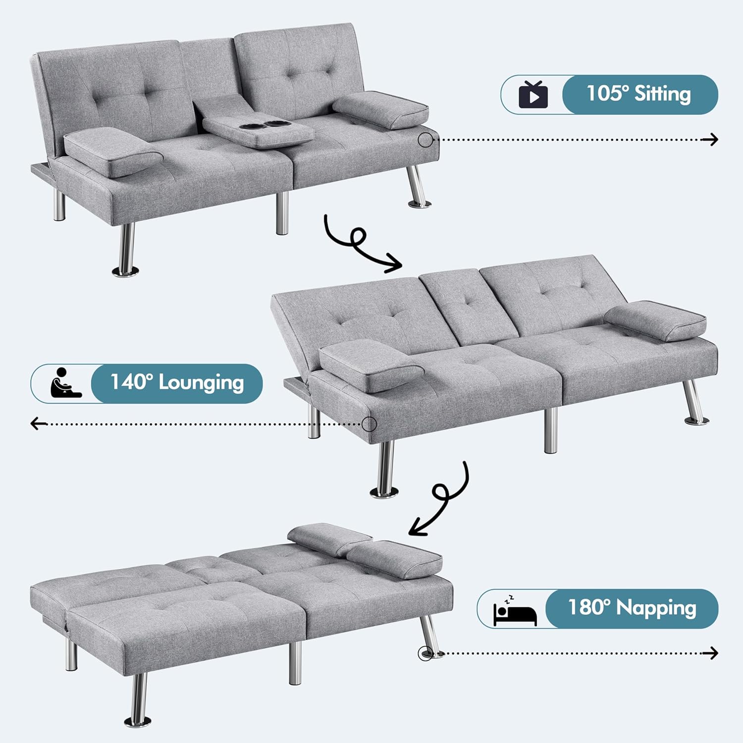 Yaheetech - Sofá Cama Convertible Ajustable, Moderno sillón reclinable de Piel sintético para el hogar, sofá Cama Plegable, Cama de Invitados, reposabrazos extraíbles, portavasos 3 ángulos, Capacidad