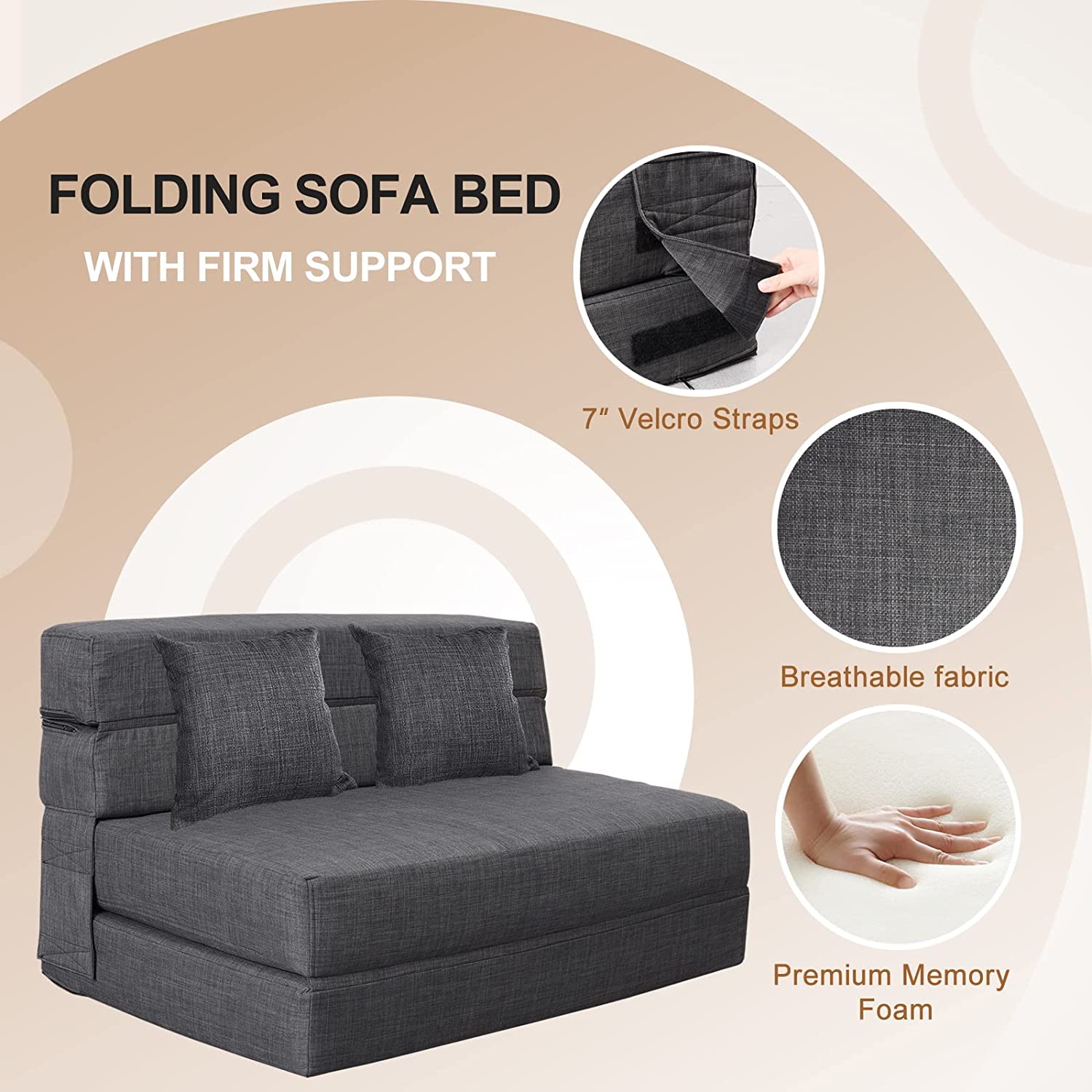 Nigoone - Sofá plegable tamaño Queen de espuma viscoelástica con 2 almohadas, sillón perezoso, triple futón, camas convertibles, funda lavable, gris oscuro