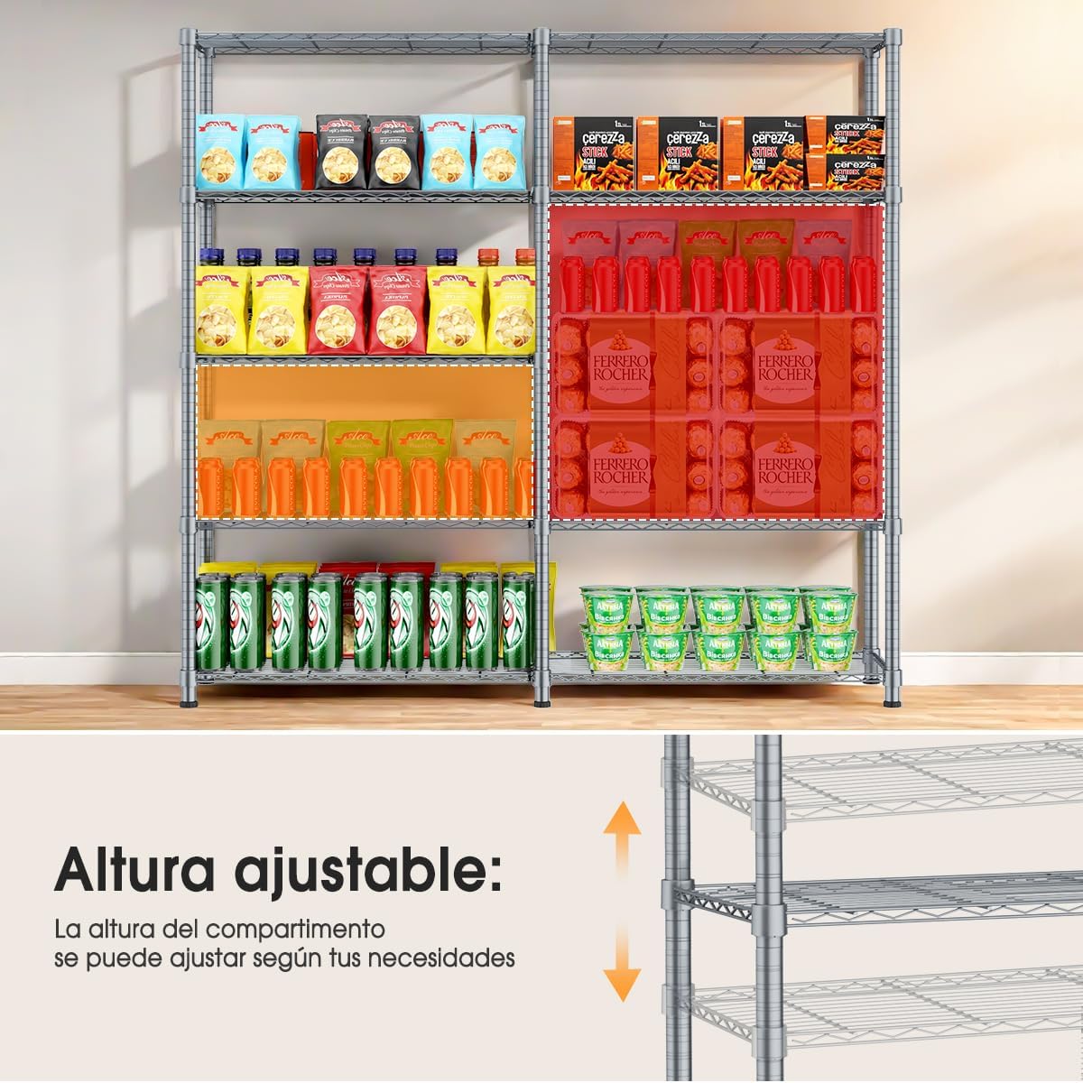 MXLENOBLE Estante de 5 repisas, Estantería de Almacenamiento Ajustable de estantes, Resistente en Ruedas de 4 Pulgadas, Estante Organizador de Metal, Cromado (IC085-B)