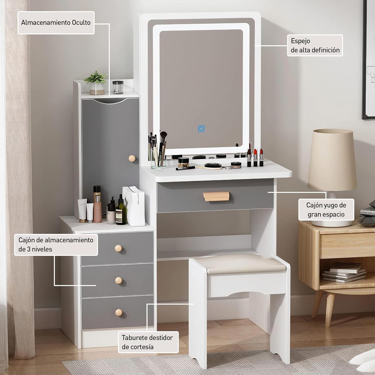Bluelander Tocador De Niña, Tocador Vanity, Tocador para Niña, Vanity Tocador Hollywood, Tocador de Maquillaje con 4 Cajones, Estantes Ocultos, Incluye Taburete Acolchado, Espejo Led (Gris Claro)