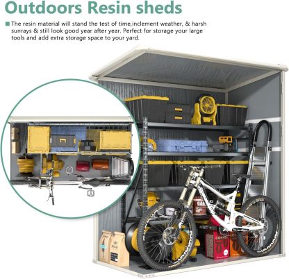 Aoxun - Cobertizo de almacenamiento para exteriores de 5 x 3 pies, cobertizo de resina con piso y puerta con cerradura, cobertizos de plástico para bote de basura, herramienta, accesorios, césped