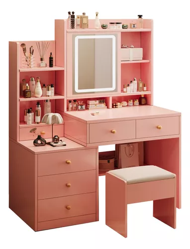 Tocador De Dormitorio Con Sillas Y Espejo De Led Y 6 Cajones 100*40*145 Cm Tocadores De Madera Con Luces Ambueco
