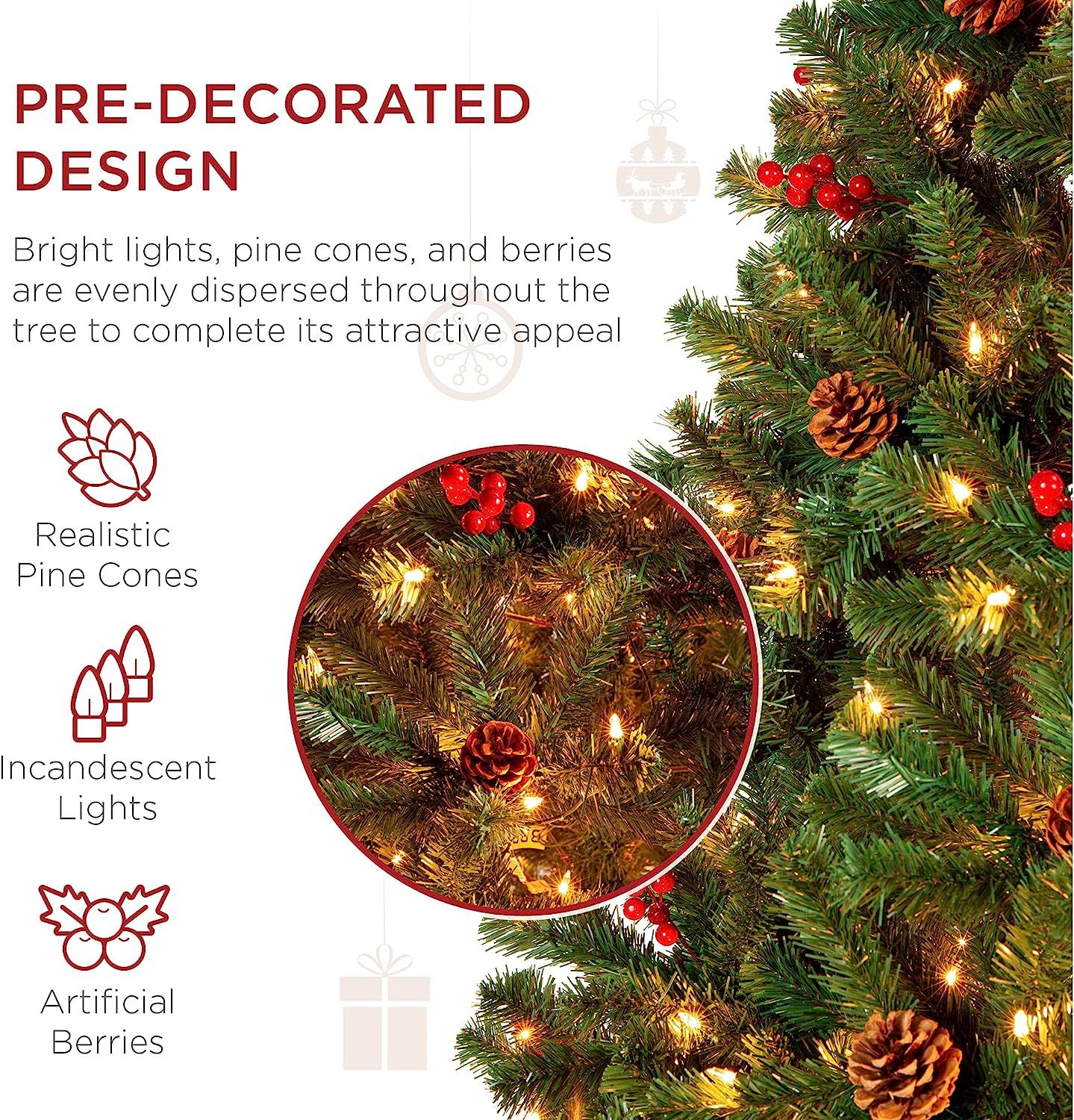 Best Choice Products - Árbol de Navidad artificial preiluminado de 7 pies predecorado con bisagras, con 1.346 puntas, piñas, bayas, 550 luces, base de metal