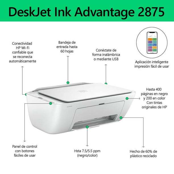 Impresora Multifuncional HP DeskJet Ink Advantage 2875 WiFi Inyección de Tinta