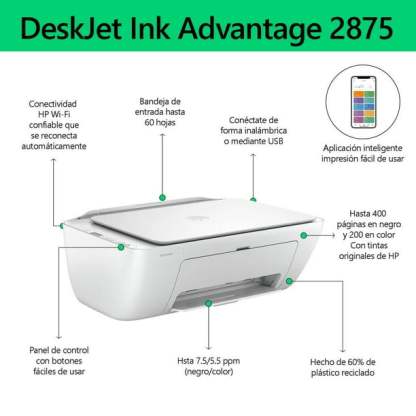 Impresora Multifuncional HP DeskJet Ink Advantage 2875 WiFi Inyección de Tinta