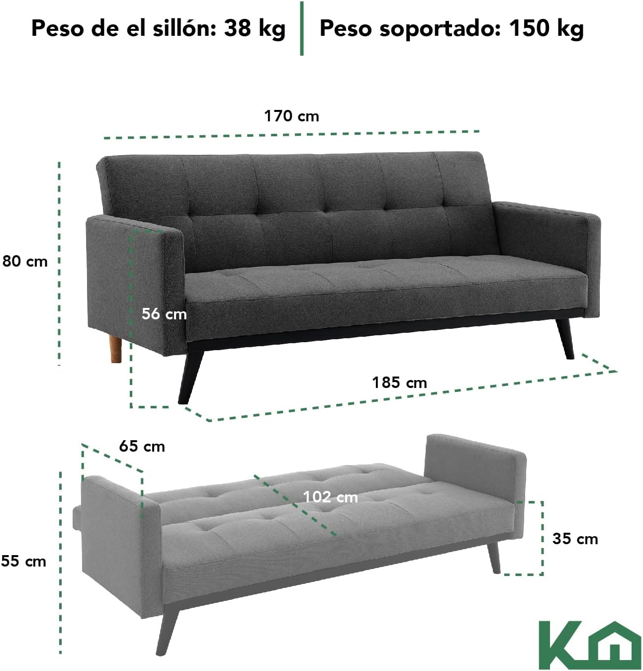 Kingshouse | Sillón Sofá Cama Plegable - Sala Moderna Minimalista - Tapizado Poliéster - Estructura De Madera - Gris Oscuro - 3 Personas - Departamento o Casa