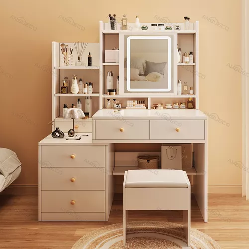 Tocador De Dormitorio Con Sillas Y Espejo De Led Y 6 Cajones 100*40*145 Cm Tocadores De Madera Con Luces Ambueco