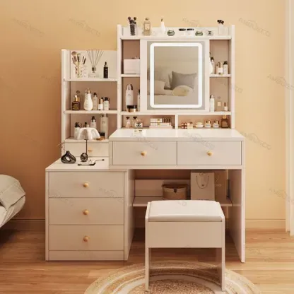 Tocador De Dormitorio Con Sillas Y Espejo De Led Y 6 Cajones 100*40*145 Cm Tocadores De Madera Con Luces Ambueco