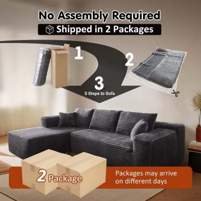 【2 Packages Shipping】Ovios 104" Plush Corduroy Cloud Velvet Modular Couch with Chaise, No Assembly Required - L-Shaped Sectional Sofa Set with Flexible Configuration - 104"W x 67.7"D x 30"H, 3 Seater