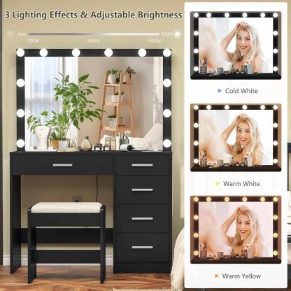 usikey - cambiador de maquillaje con 12 luces, computadora de cambiador con toma de corriente, mesa de maquillaje con 5 cajones, espejo grande, cambiador con taburete para recámara, baño, negro