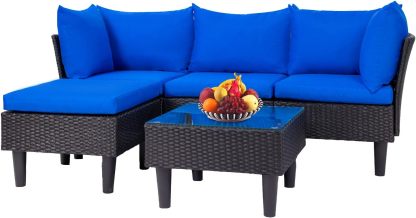 FDW - Juego de 4 muebles para exteriores, juego de conversación de mimbre con silla de ratán, mesa de centro para exteriores, interiores, jardín, patio, porche, terraza, balcón, cojines de mimbre