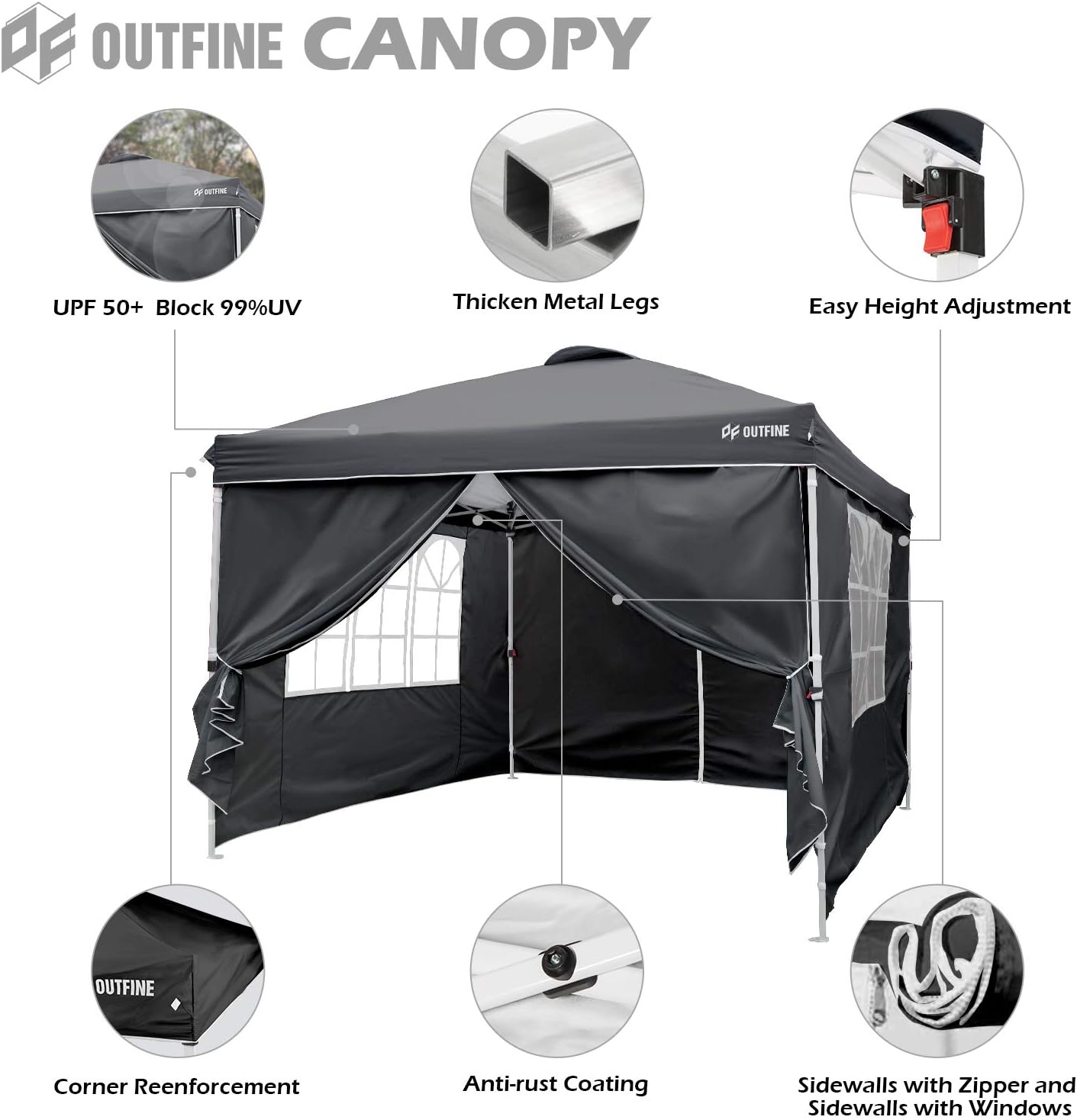 OUTFINE - Toldo desplegable de 10 x 10 pies, para cenador instantáneo, totalmente impermeable, toldos para fiestas al aire última intervensión con 4 paredes laterales extraíbles, estacas x 8, cuerdas x 4 (negro, 10 x 10 pies)