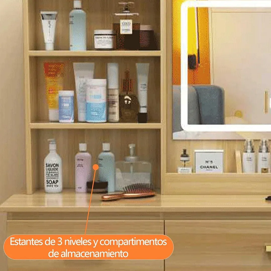 Tocador,Tocador de Maquillaje con Luces de Espejo, Vanity Tocador con 5 Cajones,Estantes de Almacenamiento,Taburete Acolchado, Tocador con 3 Estantes, Mesa de Maquillaje para Dormitorio Blanco