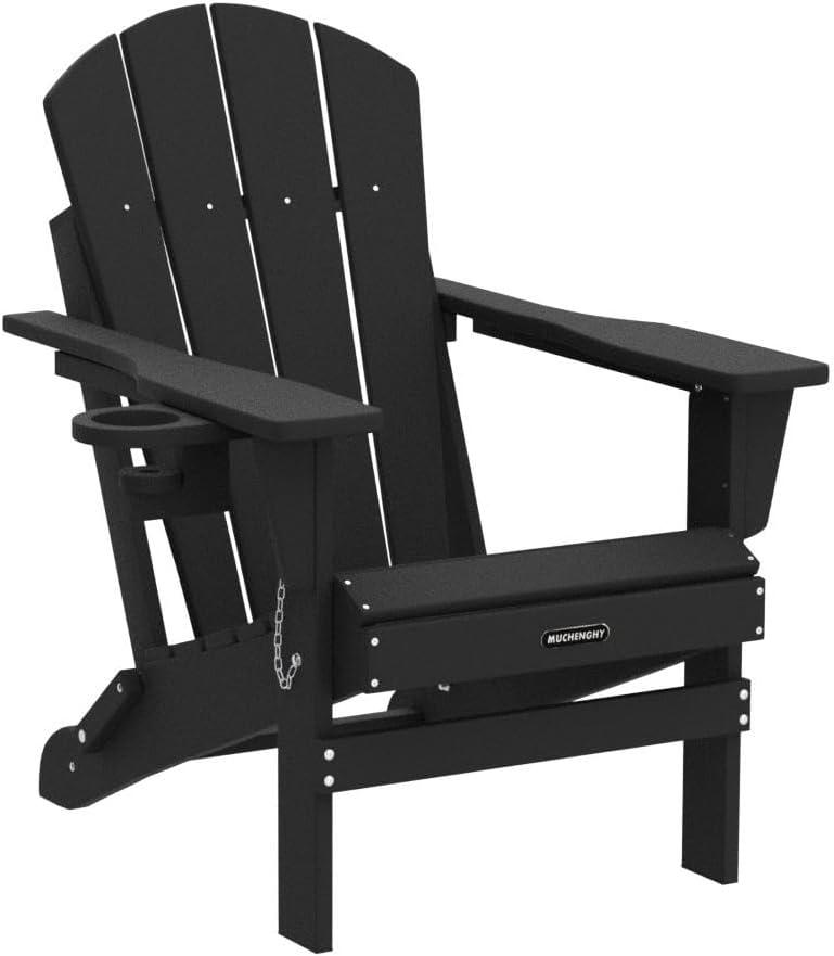 MUCHENGHY Sillas plegables Adirondack, sillas de patio, sillas para hogueras, sillas de exterior, sillas Adirondack de plástico, sillas de césped resistentes a la intemperie con portavasos para terraza, patio trasero, jardín (negro)