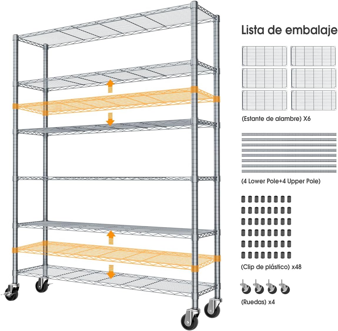 MXLENOBLE Estante de 5 repisas, Estantería de Almacenamiento Ajustable de estantes, Resistente en Ruedas de 4 Pulgadas, Estante Organizador de Metal, Cromado (IC085-B)