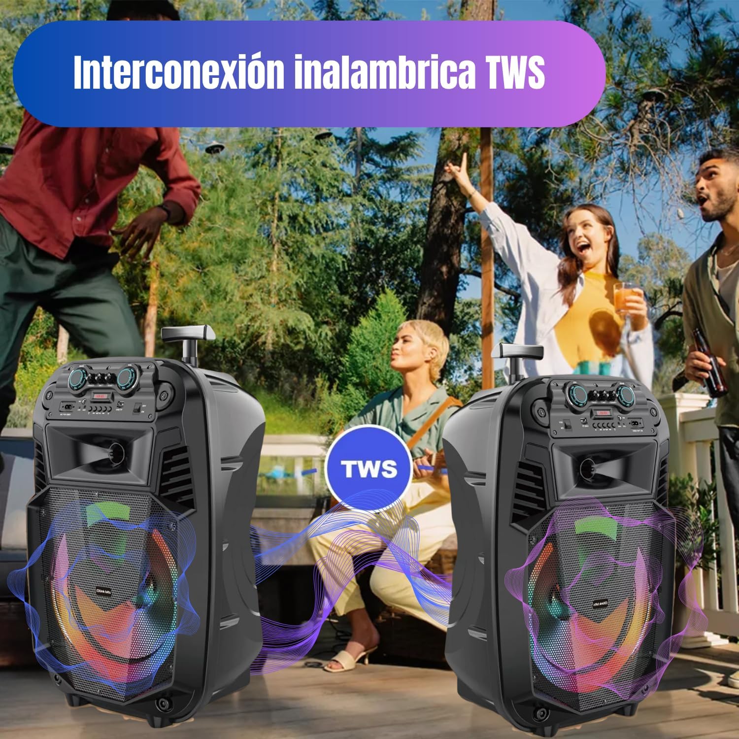 LINK BITS BM15013K Bocina Bluetooth Grande 15 Pulgadas, Recargable Altavoces Speaker Control y micrófono, bafle Super Buffer Karaoke para Fiesta con Luz Led