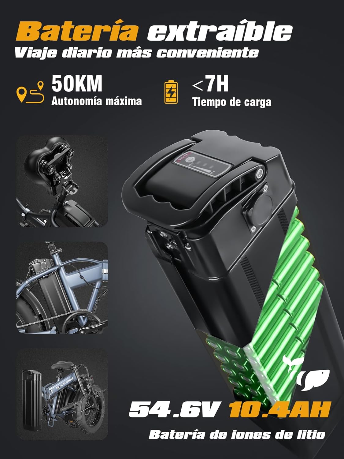 HONEYWHALE F6S Bicicleta Eléctrica Plegable para Adultos, Bicicleta de montaña de 7 Velocidades, Motor 900W-Max, Velocidad Máxima 45KM/H, Autonomía 50KM, Batería Extraíble (54.6V, 10.4AH)
