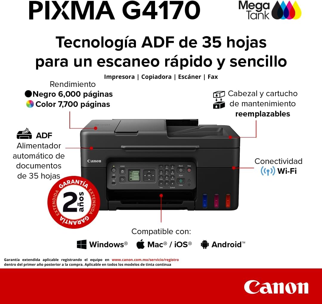 Canon Impresora Multifuncional Inalámbrica MegaTank G4170