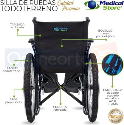 Medical Store Silla de Ruedas TODO TERRENO de Lujo, Modelo 101, Acero Resistente, Con Eleva piernas Desmontables y Descansabrazos Abatibles Color Rojo.…