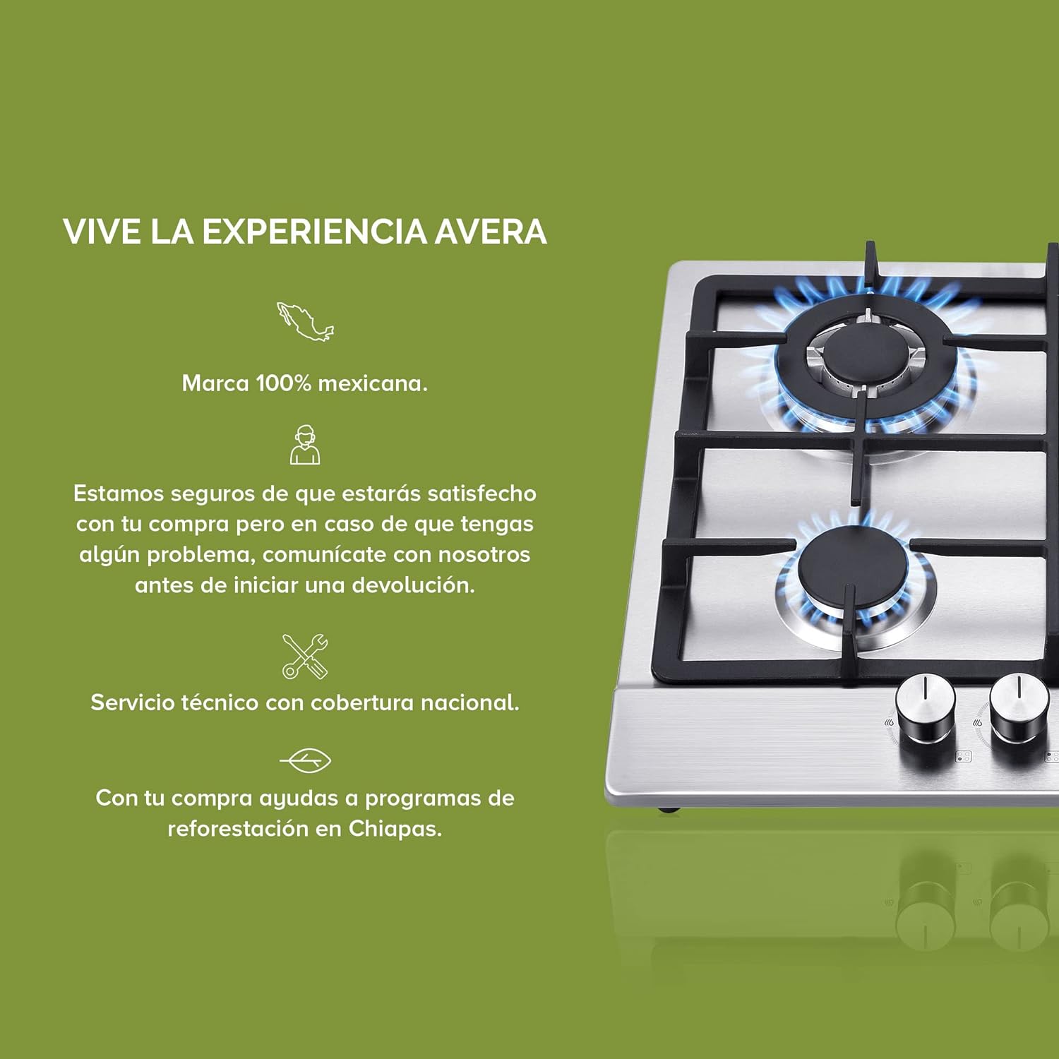 Parrilla de gas AVERA 4 fuegos, 60 cm de acero inoxidable (incluidos accesorios de montaje), encendido electrónico, pomos metálicos, placa integrada, apta para GLP y gas natural, AI4