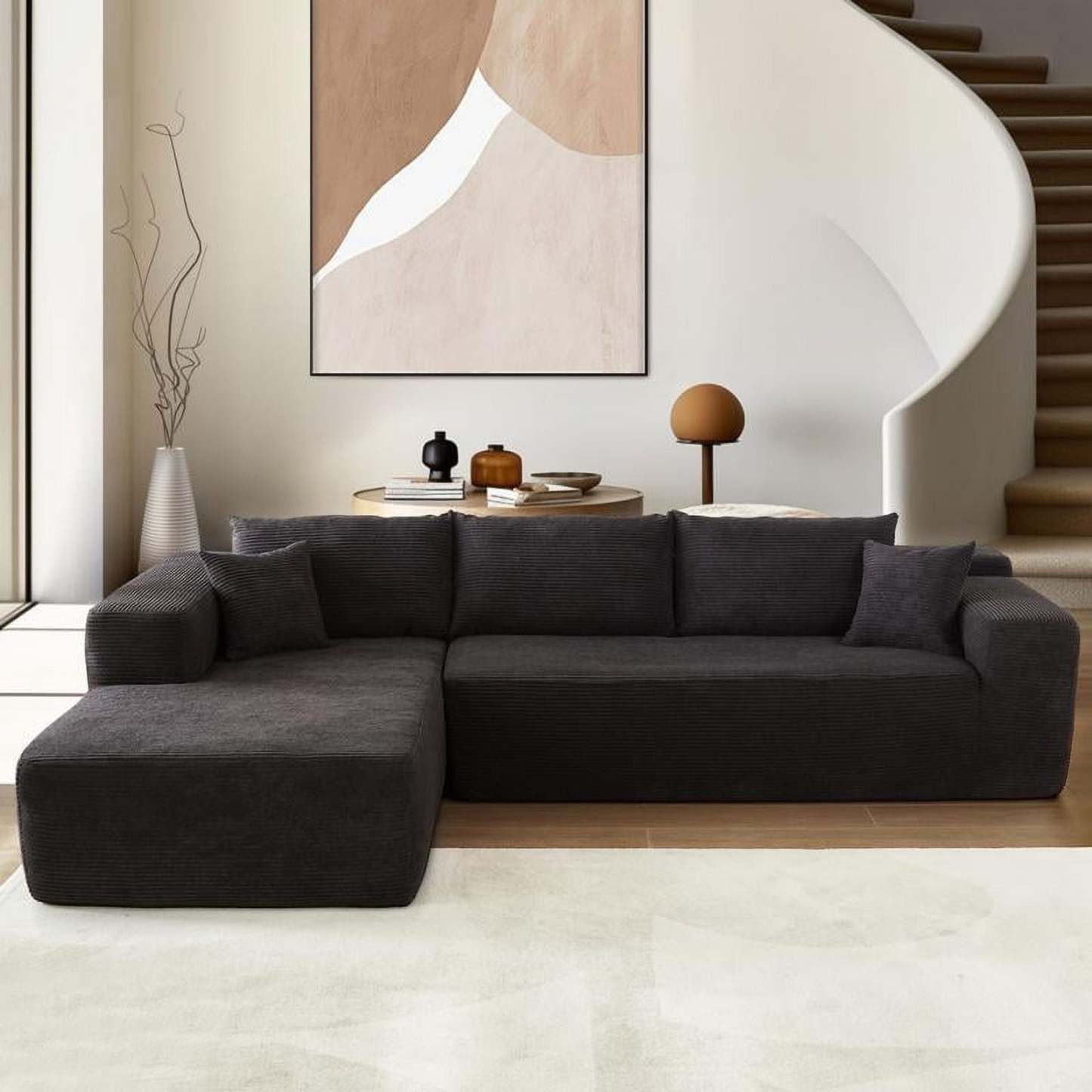 【2 Packages Shipping】Ovios 104" Plush Corduroy Cloud Velvet Modular Couch with Chaise, No Assembly Required - L-Shaped Sectional Sofa Set with Flexible Configuration - 104"W x 67.7"D x 30"H, 3 Seater