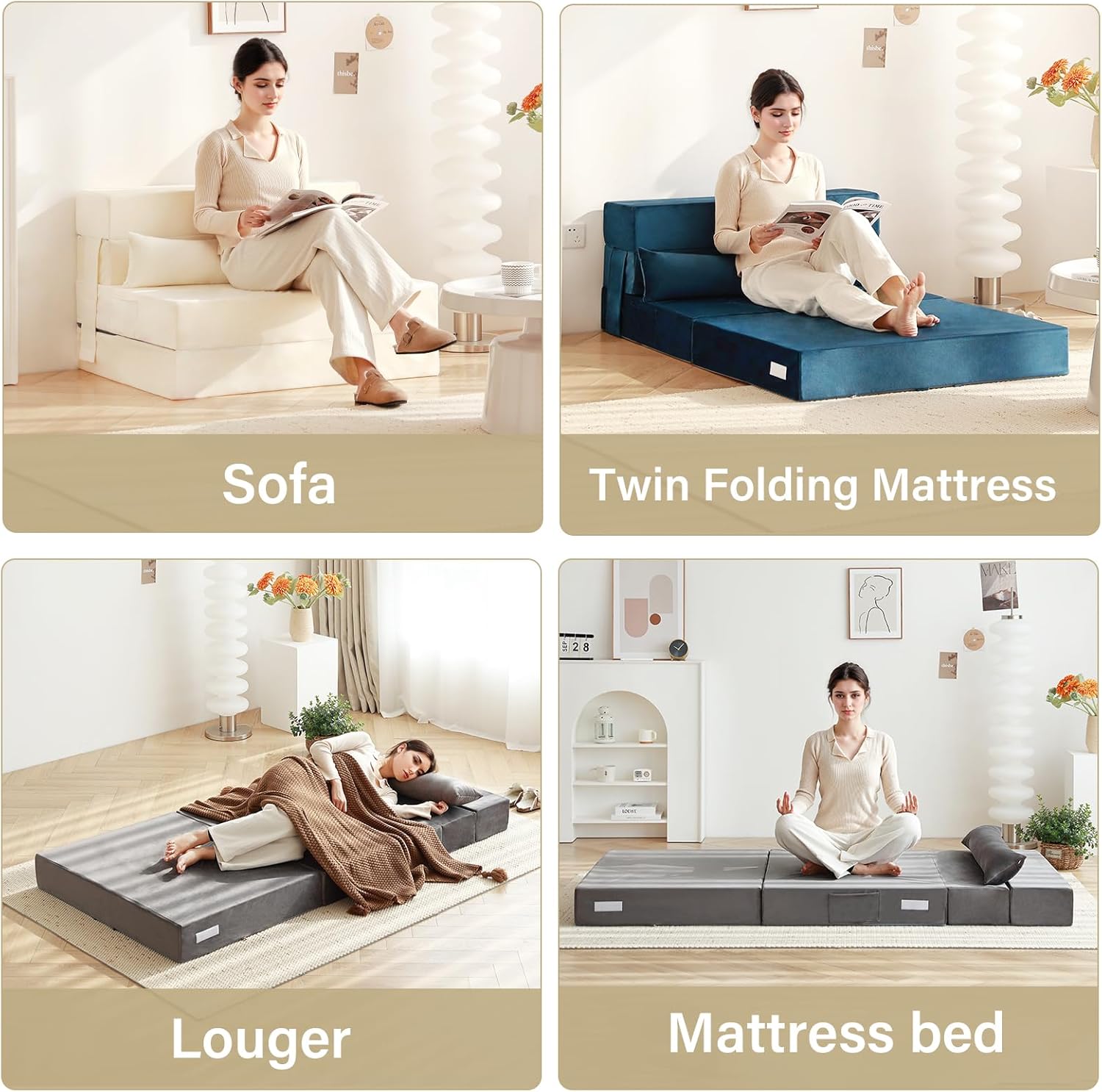 Tiita - Sillón de futón, tamaño individual, sofá cama plegable con almohada, colchón de piso y futón para sala de estar, recámara, uso de invitados, departamento