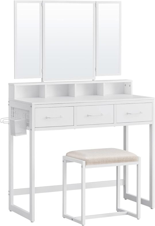 Juego de Mesa de Maquillaje con Espejo Triple, Tocador con Espejo y Taburete, 3 Cajones, Escritorio de Maquillaje, Soporte para Secador, Industrial, Marrón Rústico y Negro RVT004B01