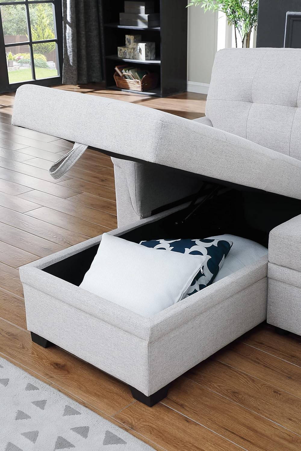 Lilola Home Lucca - Sofá seccional Reversible de Lino Gris Claro con diván de Almacenamiento