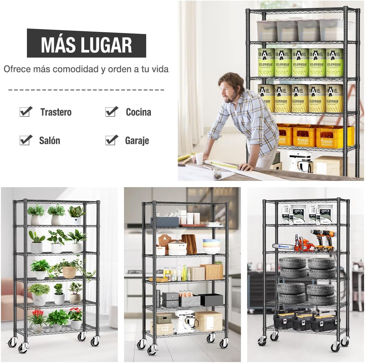 MXLENOBLE Estante de 5 repisas, Estantería de Almacenamiento Ajustable de estantes, Resistente en Ruedas de 4 Pulgadas, Estante Organizador de Metal, Cromado (IC085-B)