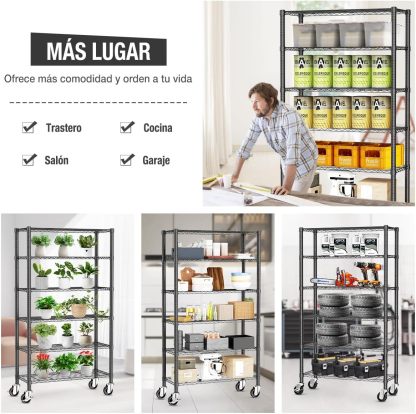 MXLENOBLE Estante de 5 repisas, Estantería de Almacenamiento Ajustable de estantes, Resistente en Ruedas de 4 Pulgadas, Estante Organizador de Metal, Cromado (IC085-B)