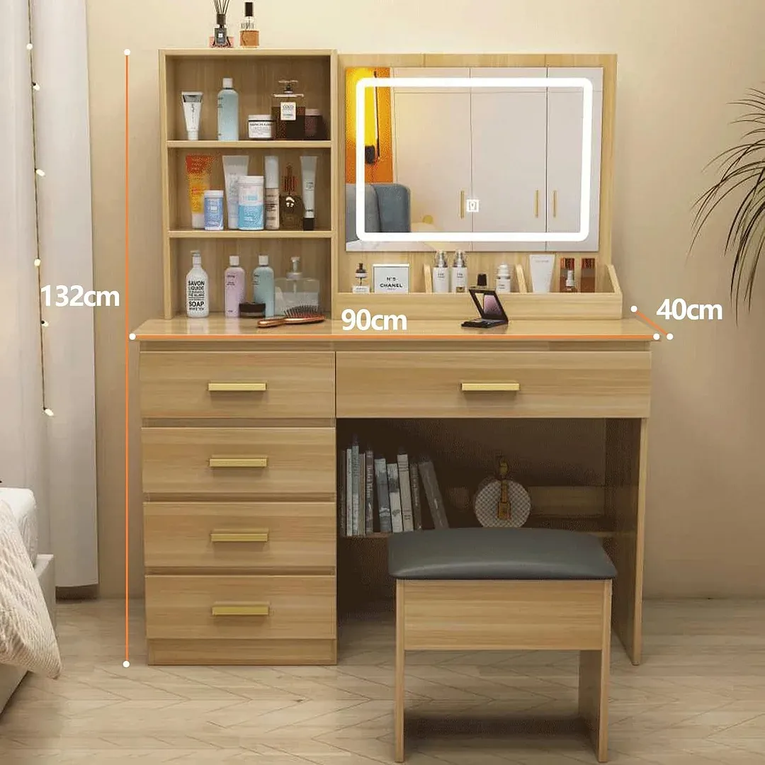 Tocador,Tocador de Maquillaje con Luces de Espejo, Vanity Tocador con 5 Cajones,Estantes de Almacenamiento,Taburete Acolchado, Tocador con 3 Estantes, Mesa de Maquillaje para Dormitorio Blanco